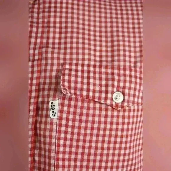 1970s LEVI'S Red Cotton  Blend Gingham Western Tablecloth Picnic Shirt Small USA - Picture 3 of 7